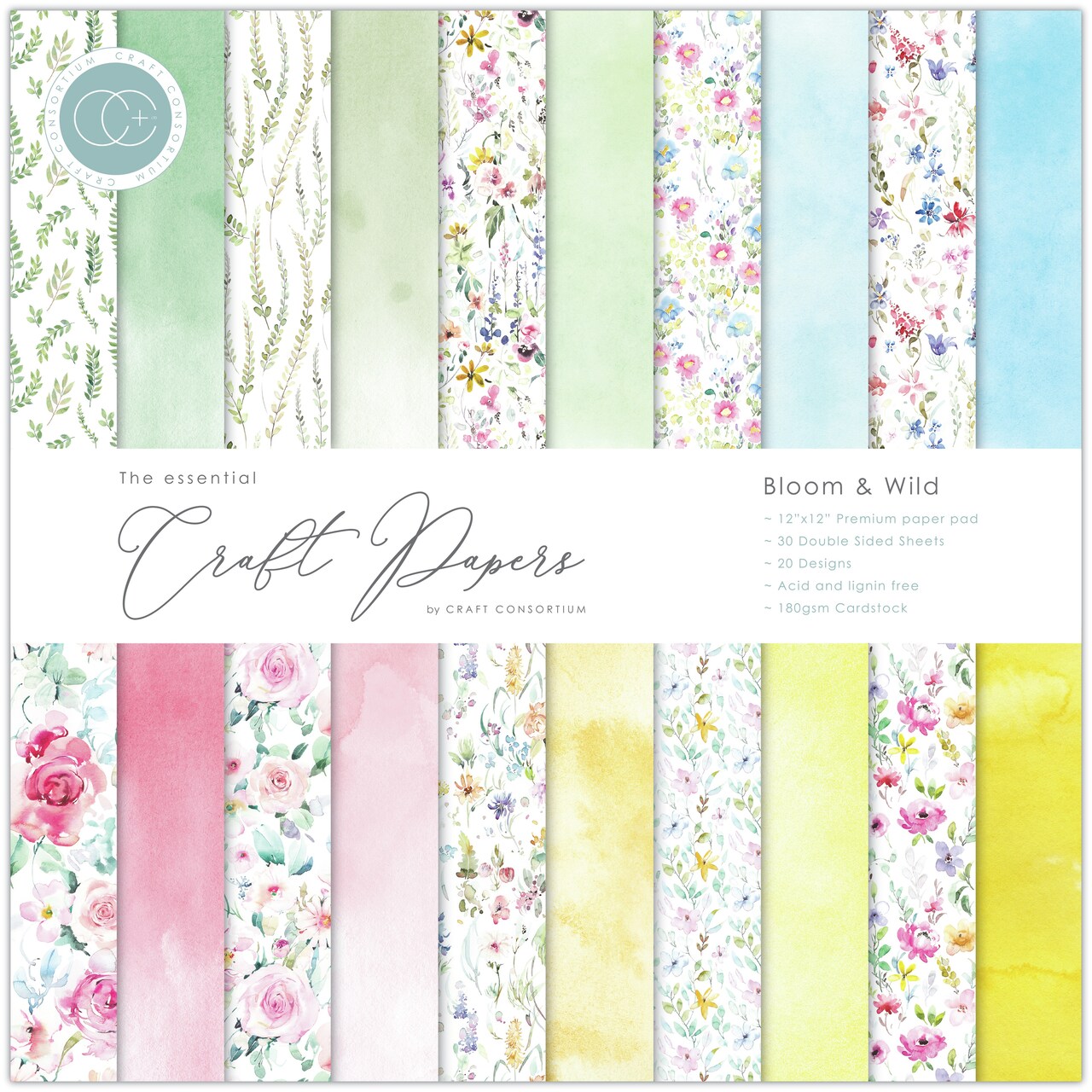 Craft Consortium Double-Sided Paper Pad 12"X12" 30/Pkg-Bloom & Wild, 20 Designs